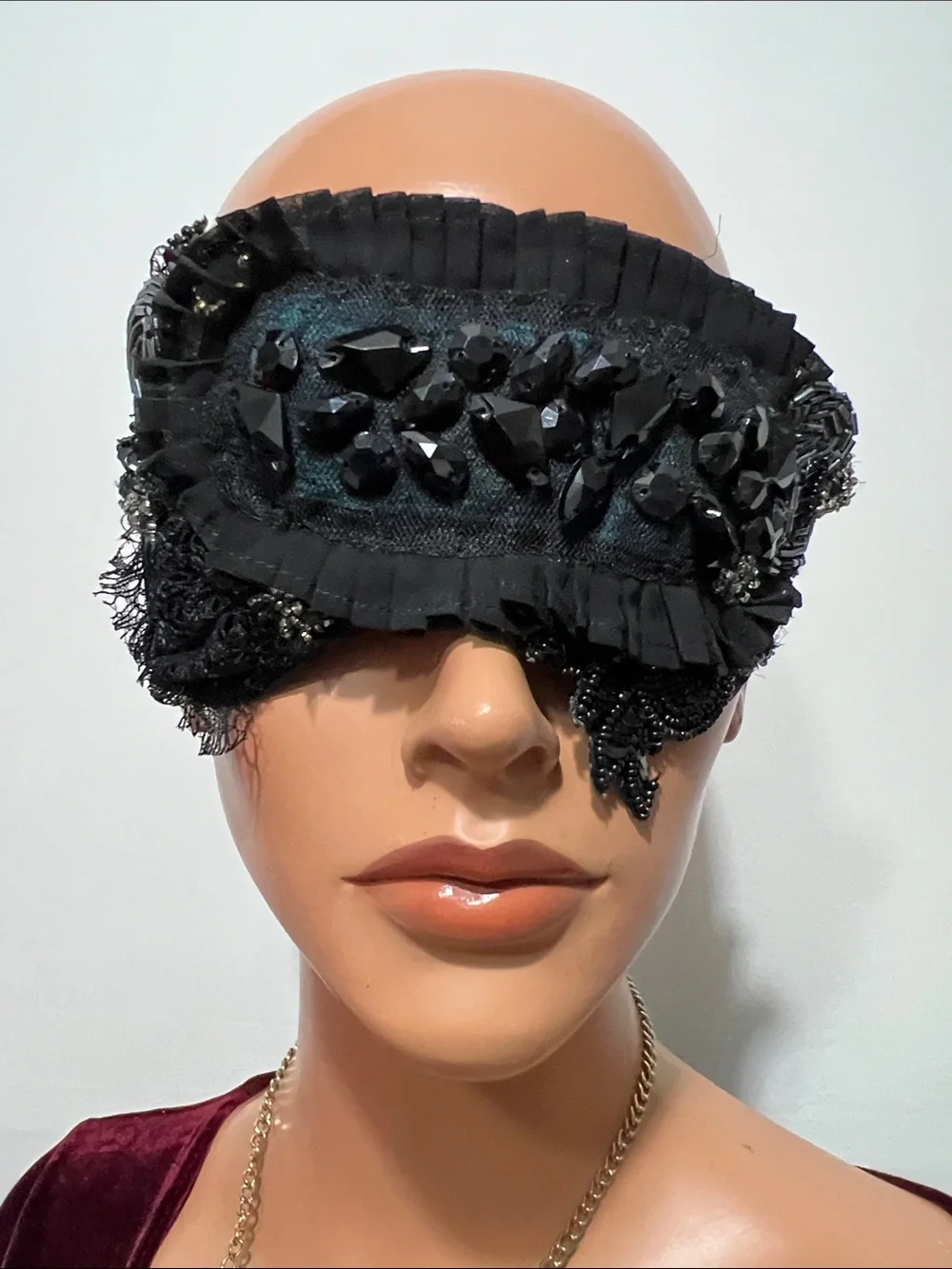 Black Beaded Lace Eye Mask - Elegant Sleep & Costume Accessory